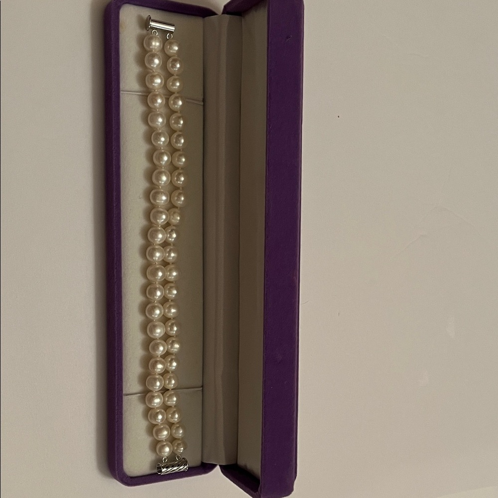 Elegant Double Strand Pearl Bracelet in Purple Velvet Box